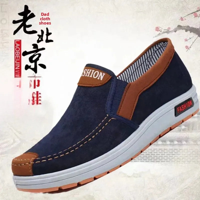 Beijing Men's Canvas Slip-On Shoes Soft Bottom Anti-Slip Breathable Casual Shoes round Toe Cotton Lined Plastic Outsole