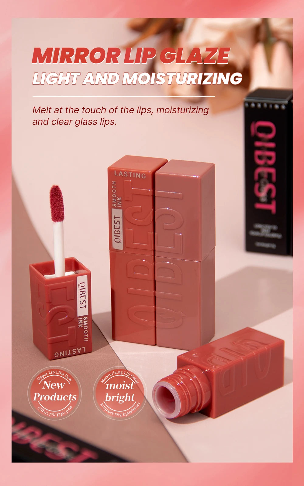 QIBEST Watery Gloss Lip Glaze Moisturizing Long Lasting Sexy Red Liquid Lipstick Mirror Glossy Lip Gloss Tint Cosmetic For Women