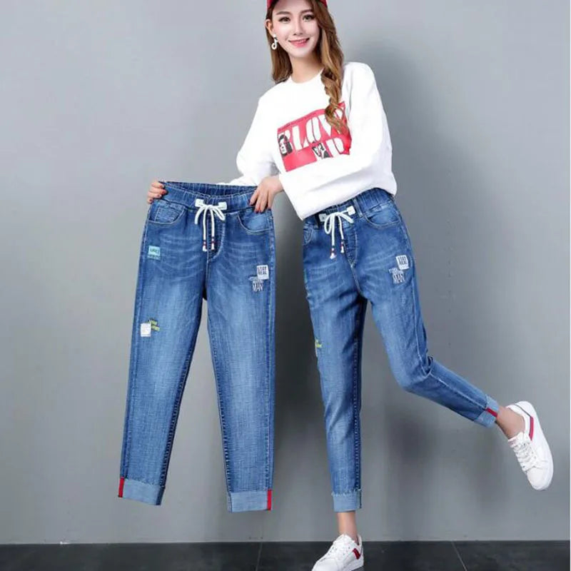 Denim Pants Korean 2024 New Spring And Summer Loose Elastic High Waist Elastic Slim Students Nine Plus Size Harlan Jeans