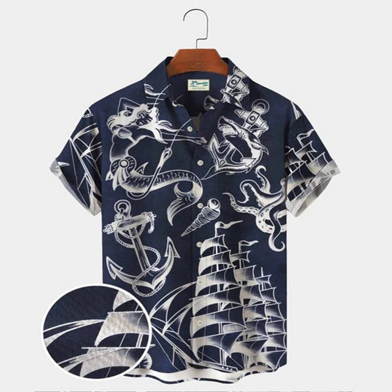 Fashionable summer turtle print shirts Hawaiian button Men's beach short sleeved Casual lapel