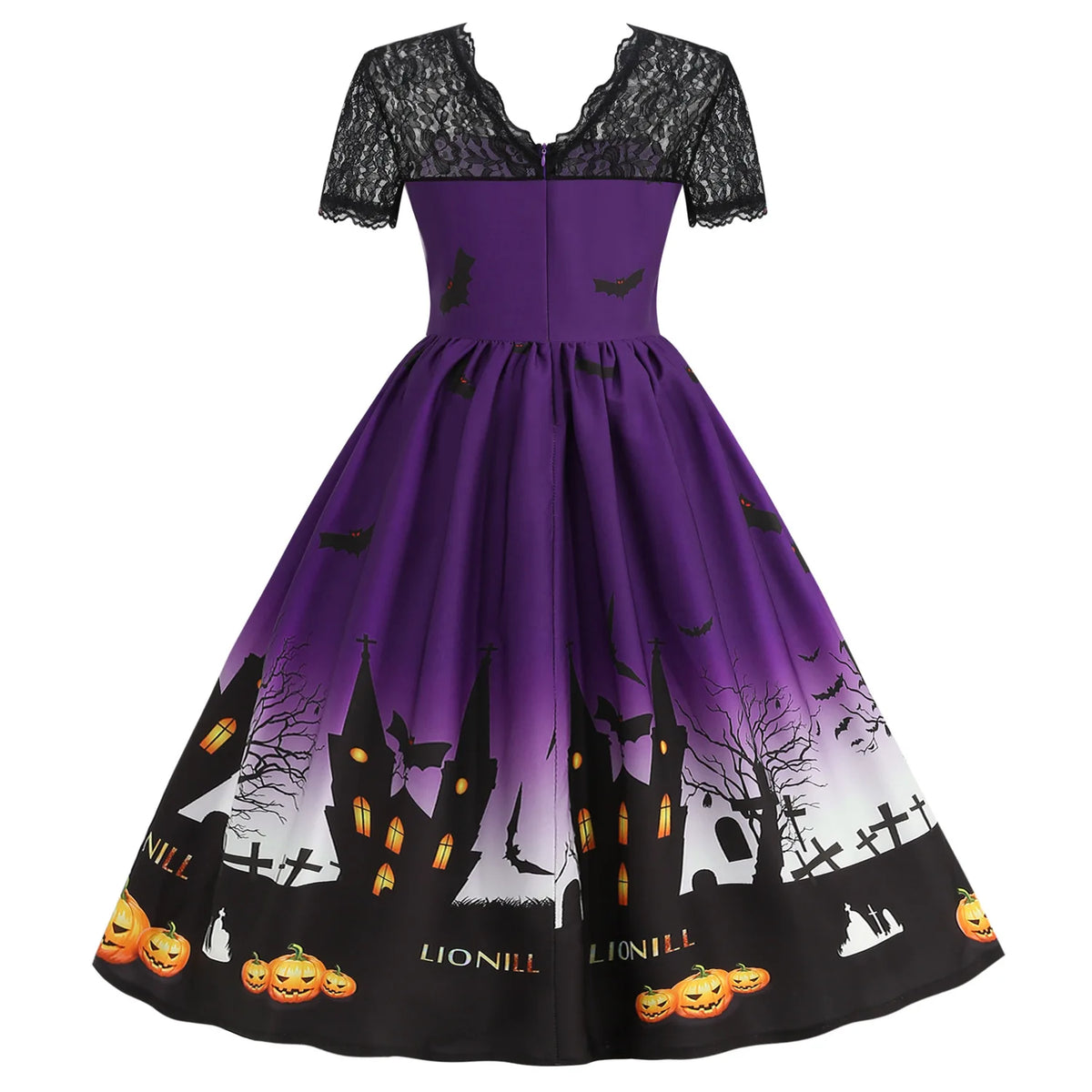 Halloween Gothic Dress Costume - Women's Retro Lace round Neck Short-Sleeved Printed Maxi Dress for Cosplay Party