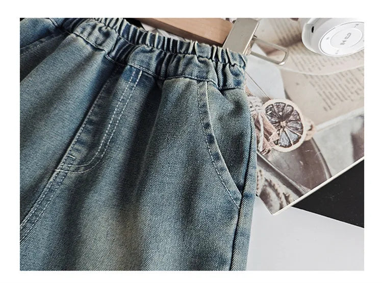 2025 Trendy Boys' Denim Set Vintage Wash Short Sleeve Shirt & Shorts 2-Piece Summer Outfit