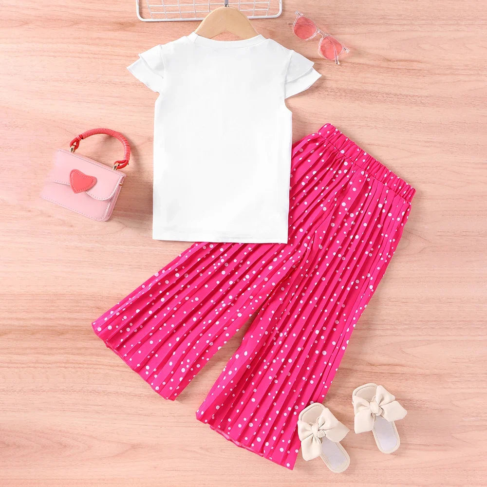 Cartoon Avatar with Short Sleeves and Wide Leg Pants 2pcs Set 2-7 Years Old Baby Girl's Casual Clothing Set Summer