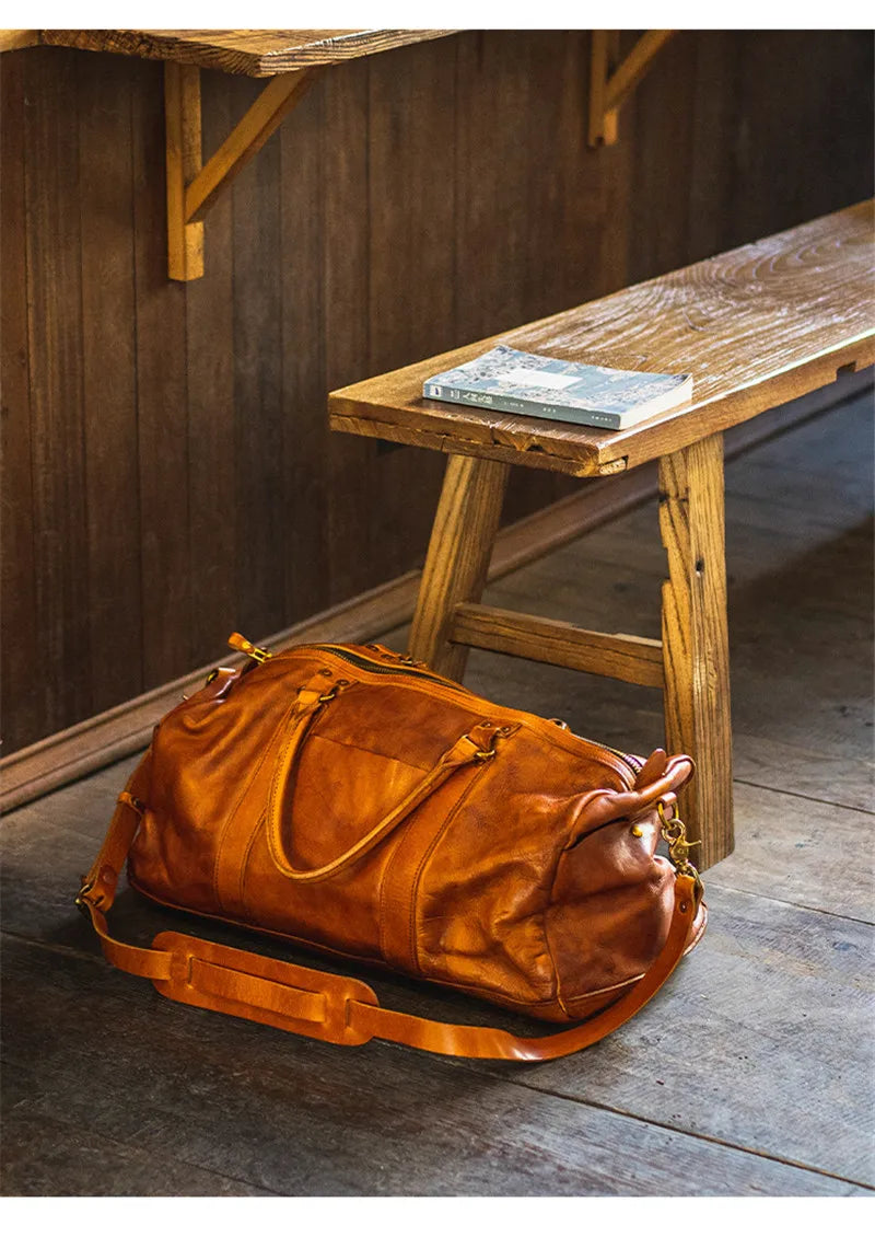 Vintage fashion luxury genuine leather men's travel bag outdoor weekend large capacity crossbody bag real cowhide women handbag