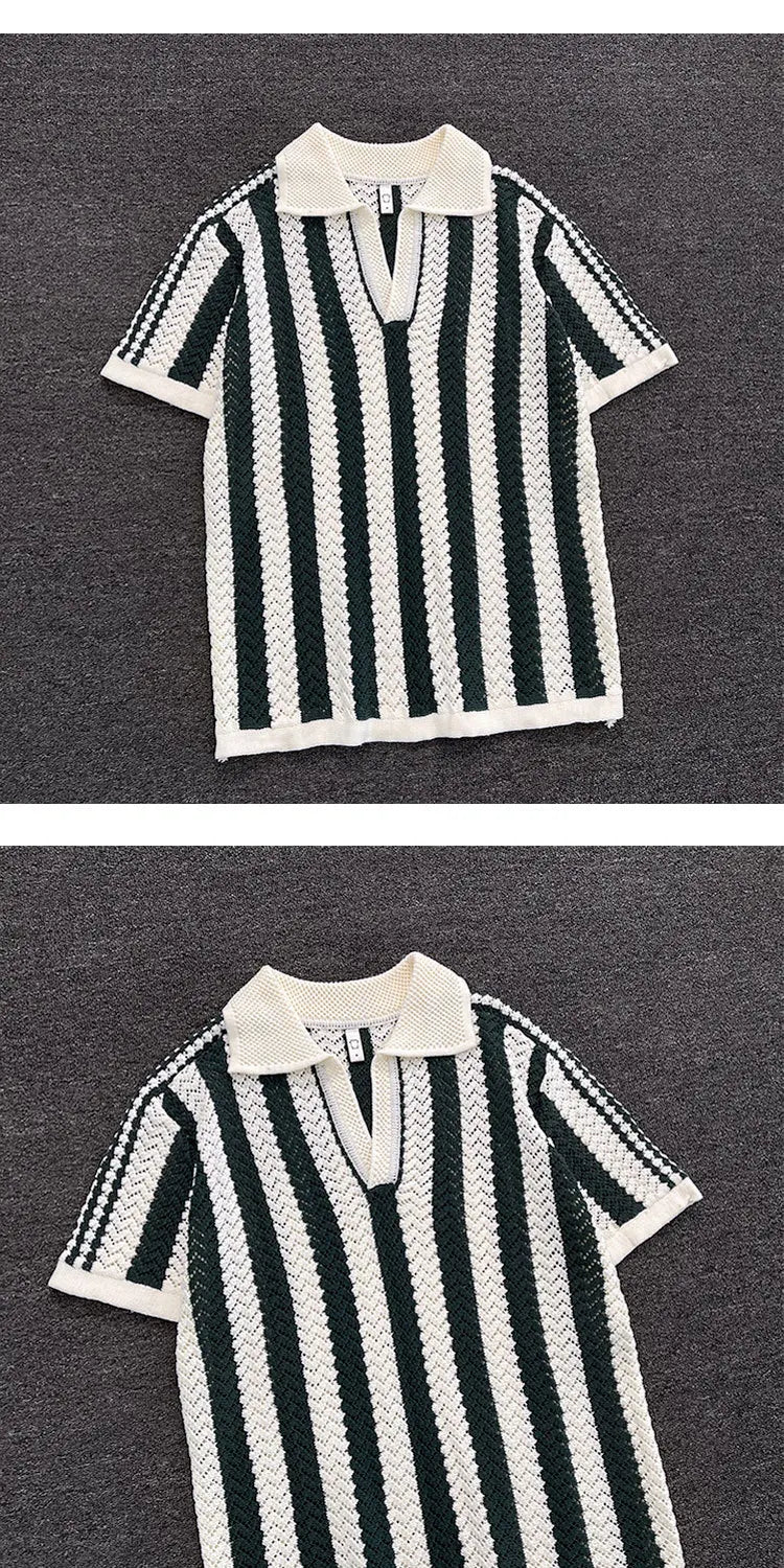 Men's Short Sleeve  Shirt Knitted Hollow out V-Neck Summer Breathable Stripe Pattern Versatile Casual T-Shirt