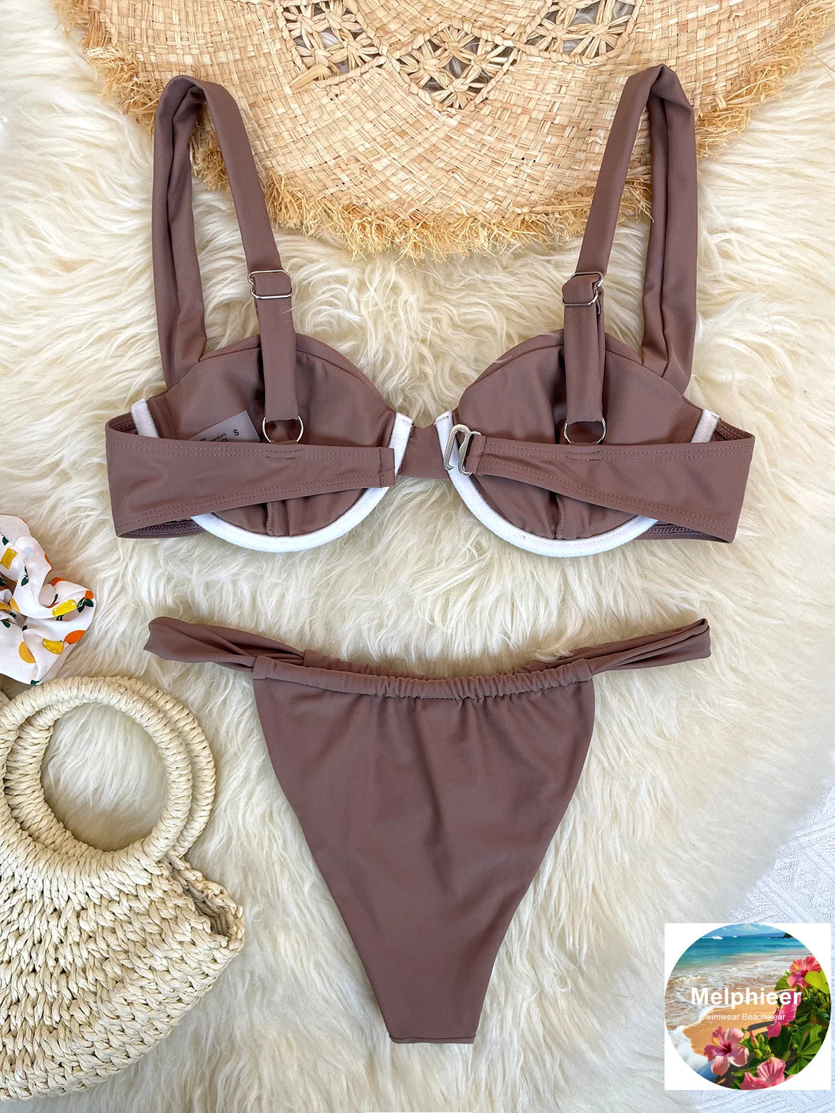 Melphieer Women's Solid Color Bikini Set Strappy Bandage Push-Up Swimsuit Summer Lady Beach Pool Club Swimwear Bathing Suit