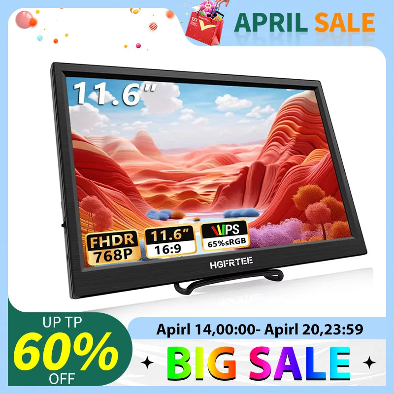 HGFRTEE portable monitor 11.6inch laptop monitor 768 display external monitor suitable for laptop and computer built-in speakers