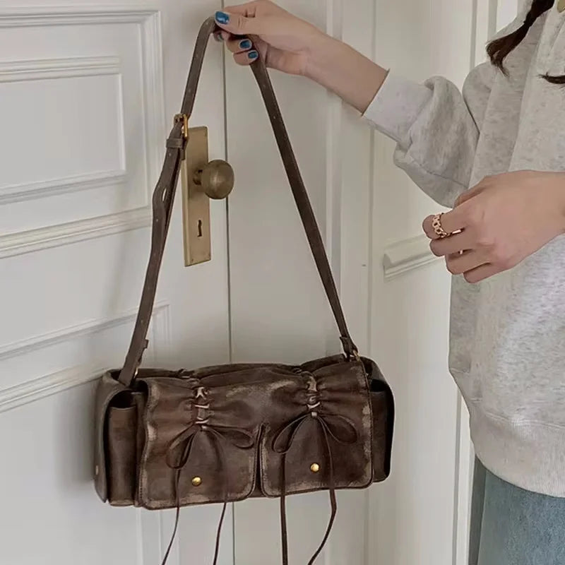 Luxury Designer Handbags And Purses Moto & Bike Drawstring Bow Bags For Women 2024 New In Vintage Pleated Shoulder Crossbody