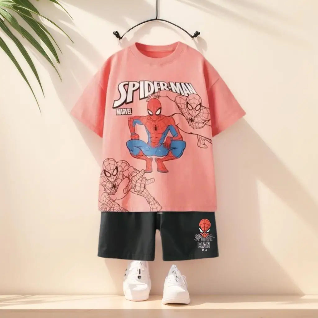 Spiderman T-shirt Shorts Two Piece Set 2025 New Summer Clothing Popular Design Baby Boy Short Sleeve Suit Tees Tracksuits