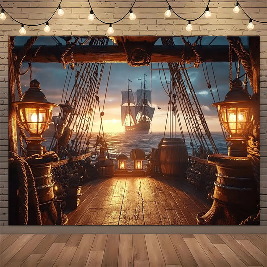 1 golden dusk pirate ship sailing scene background cloth, retro-style party banner, outdoor decoration