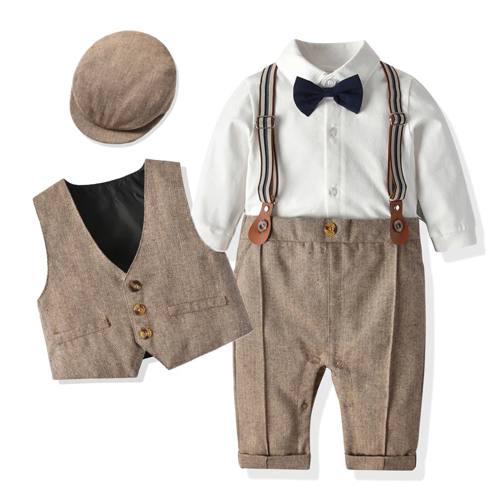 Newborn Boy Formal Clothes Set Infant Boy Gentleman Birthday Romper Outfit With Hat Vest Long Sleeve Infant Jumpsuit Suit Formal