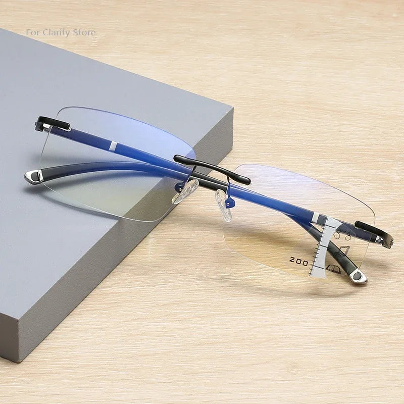 Rimless Photochromism Progressive Multifocal Reading Glasses Men Business Presbyopic Glasses Blue Light Computer Grade Glasses