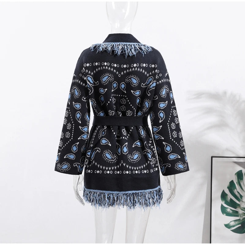 Women's Print Fringe Knitted Vest Coat Fashion Sleeveless Tie Waist Pocket Cardigan Sweater Lady 2025 Autumn Casual Outerwear