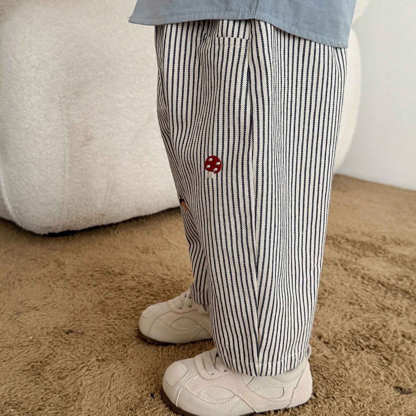 2025 Fall New Toddler Kids Pants Cotton Cartoon Embroidered Harem Pants Baby Boy Casual Striped Denim Baggy Trousers