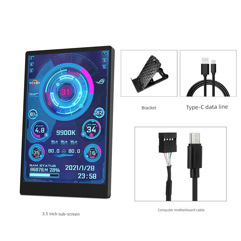 3.5-Inch Computer Sub-Screen IPs Full View USB-C Chassis Sub-Screen Computer Status Monitoring Installation-Free Aida64