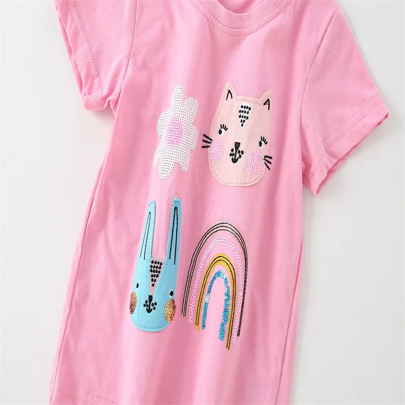 Jumping Meters 2-7T Animals Embroidery Summer Girls T Shirts Short Sleeve Kids Tees Tops Baby Costume Children's Clothes Shirts