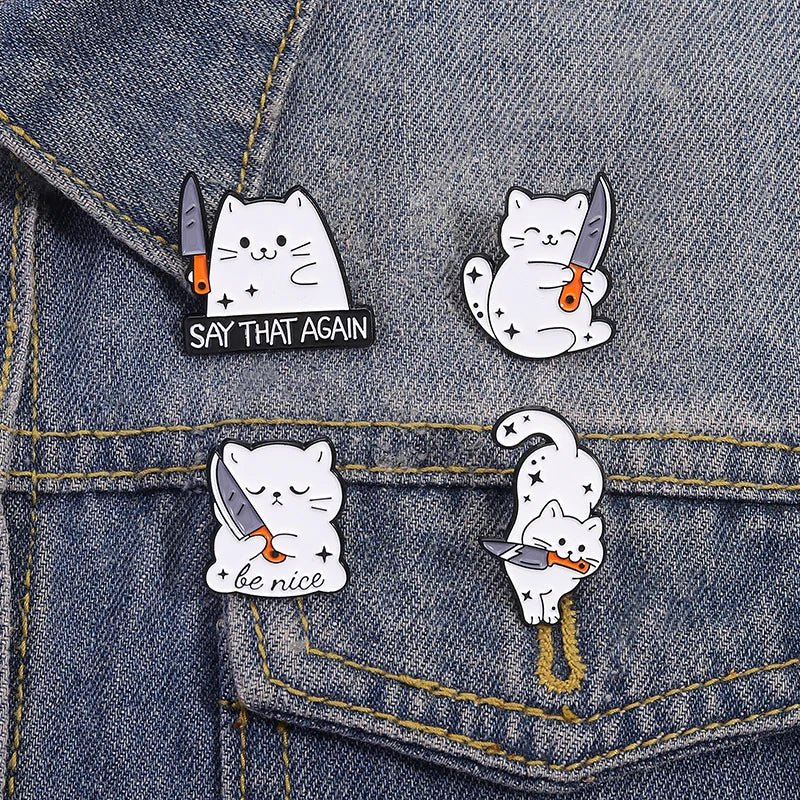 White Cat Holding Knife Enamel Pins Threatening Provoking Quotes Say That Again Brooch Bag Lapel Badge Jewelry Fans Gifts