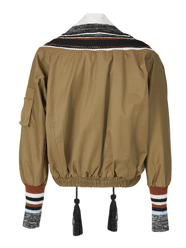 DEAT Fashion Women's Jacket Rivet Patchwork Tassel V-neck Long Sleeve Single Breasted Contrast Color Coat Spring 2025 New CP0361