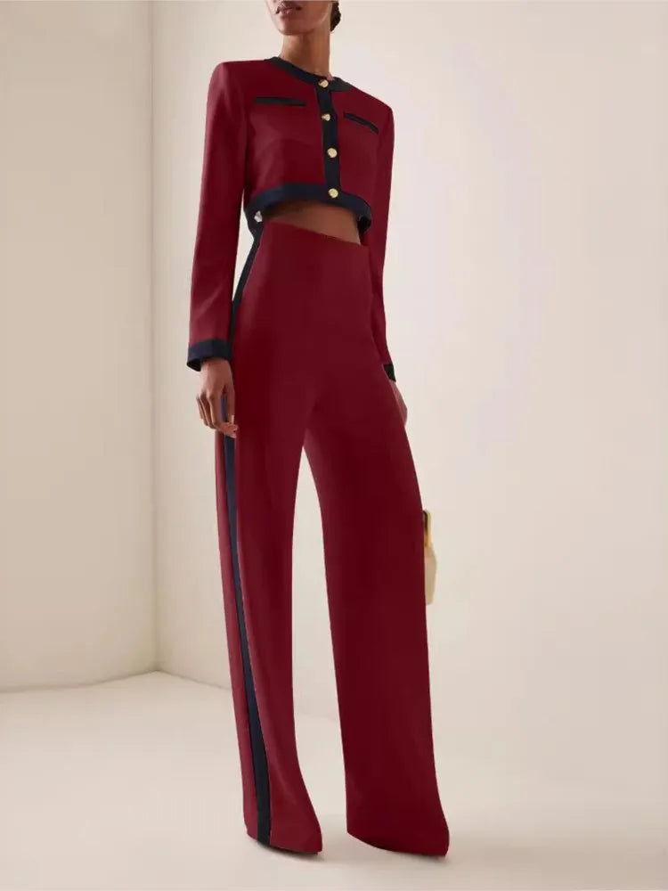 Elegant Women Slim Office Outfit Spring Autumn Fashion Contract Color Show Style Long Sleeve Button Tops & High Waist Pants Suit