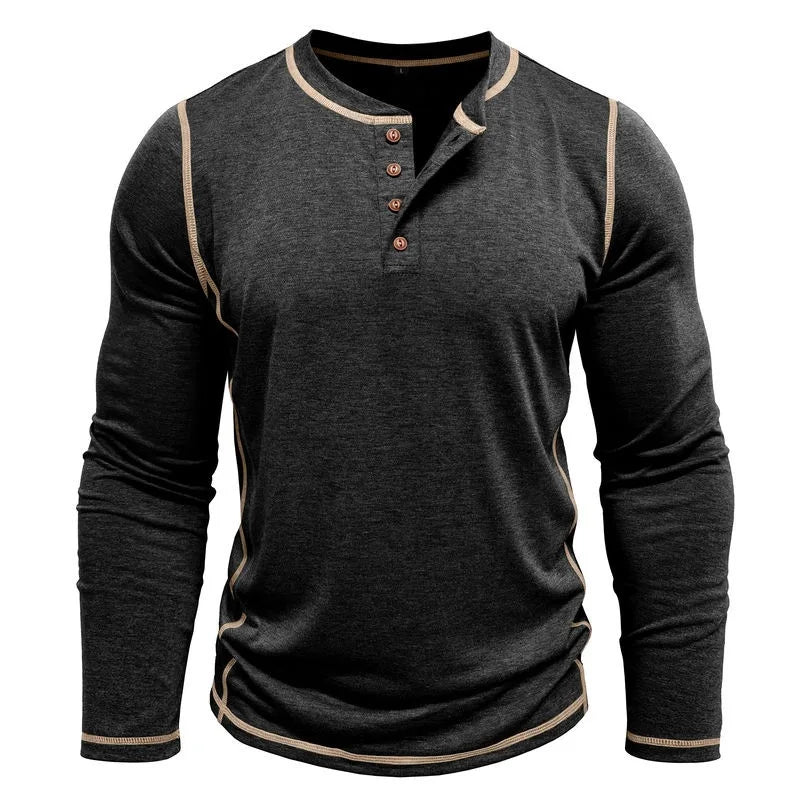 2025 Autumn Winter New Fashion Men's Casual Trendy Basic Henry Collar Long Sleeve Button Solor-coded T-shirts Male Clothes Tops