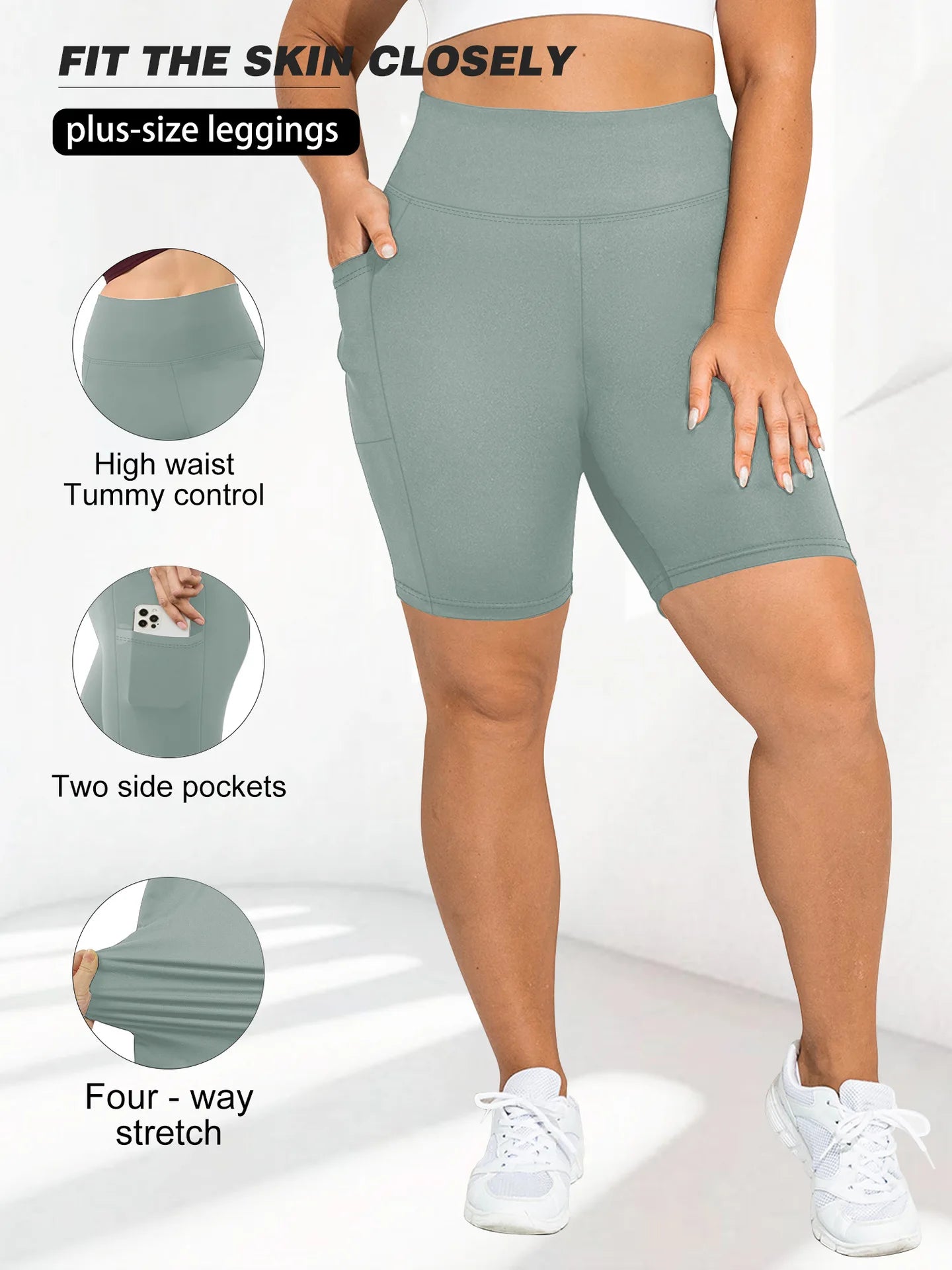 High Waist Plus Size Leggings Yoga Shorts for Women with Pockets, Non-See Through Shorts for Women