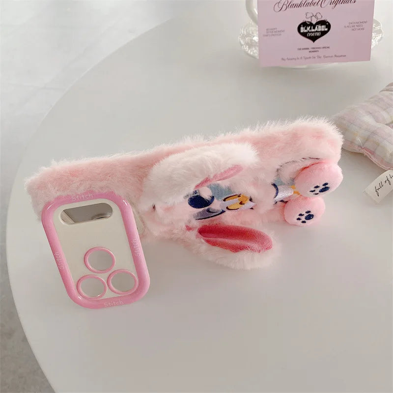 Plush Embroidery Stitch iPhone Case with Stand Furry Ears Cover for iPhone 13 17 Pro Max 16 15 Cute Shockproof Phone Accessories