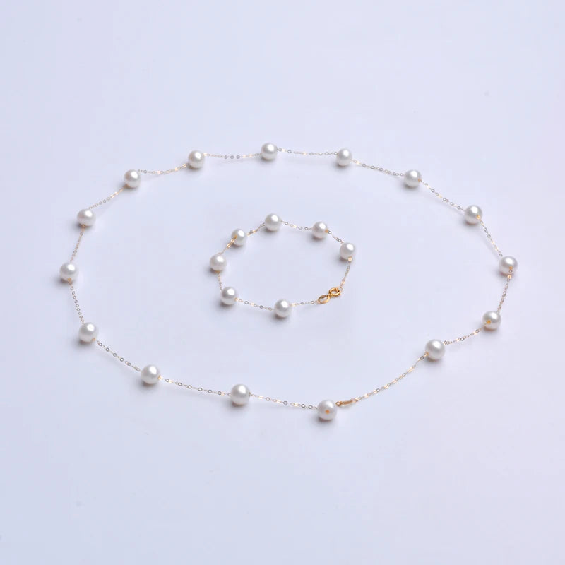 XF800  Real 18K Gold Natural Pearl Necklace Au750  Bracelet Fine Jewelry Round Aniversary Gift For Women White T628