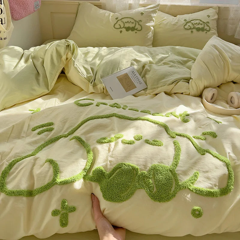 Cartoon Animal Embroidery Bedding Set For Adults Kids Cute Flat Fitted Sheet With Pillowcases Washed Cotton Colorful Full Size