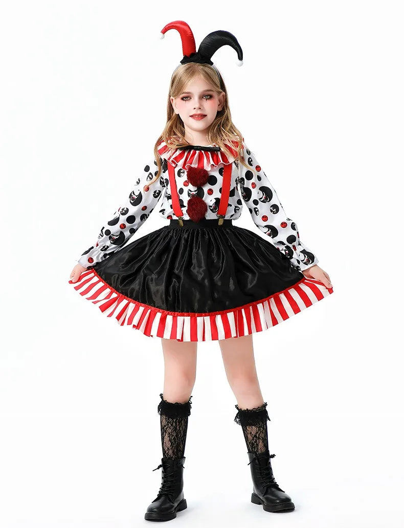 Halloween Cosplay Costumes Horror Clown Dresses Pants Headwear Clothes Sets Carnival Theme Party Role Playing Outfits for Girls