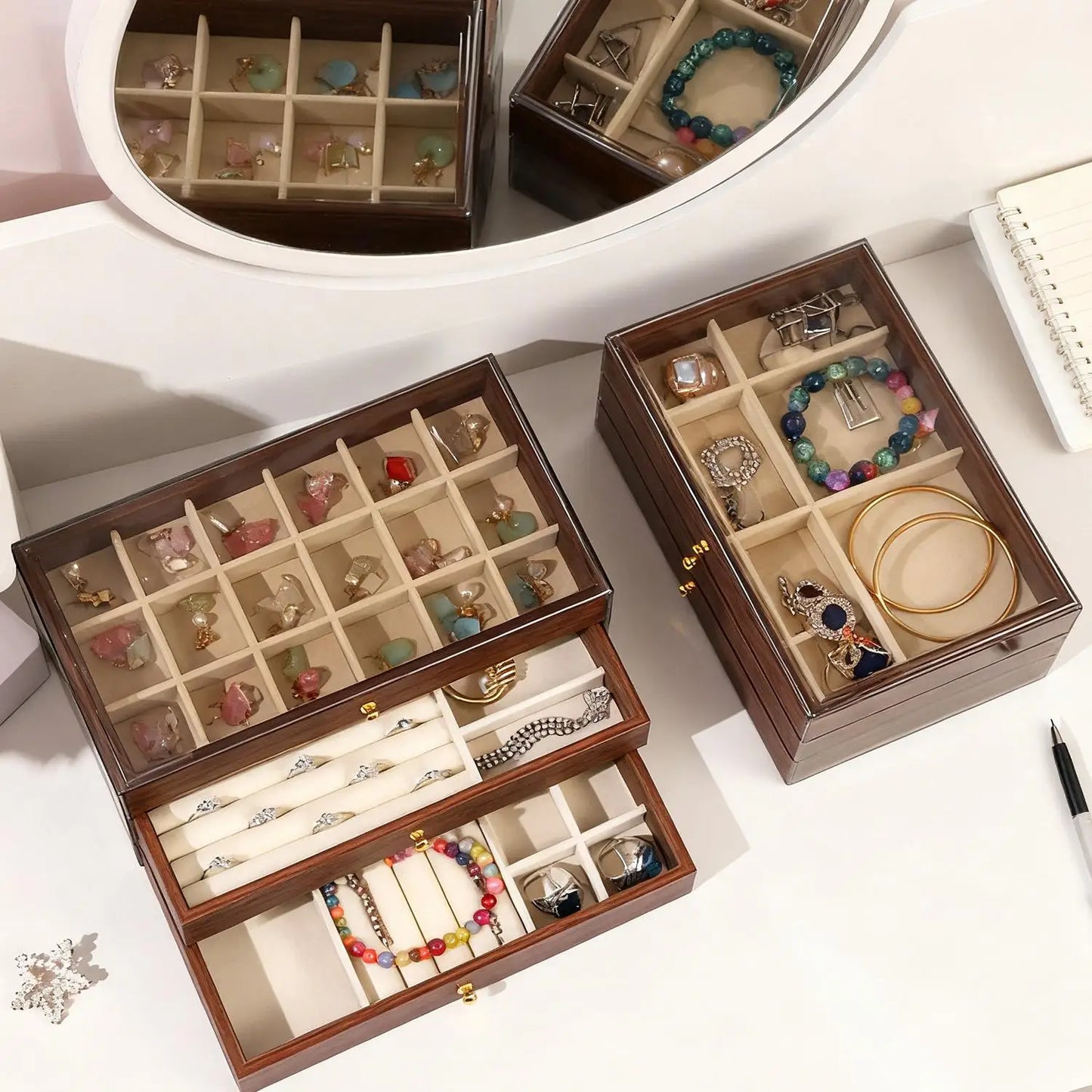 3-layer Large Capacity Drawer Walnut Wood Jewelry Storage Box Suitable for Earring Necklace Ring Jewelry Oxidation Prevention
