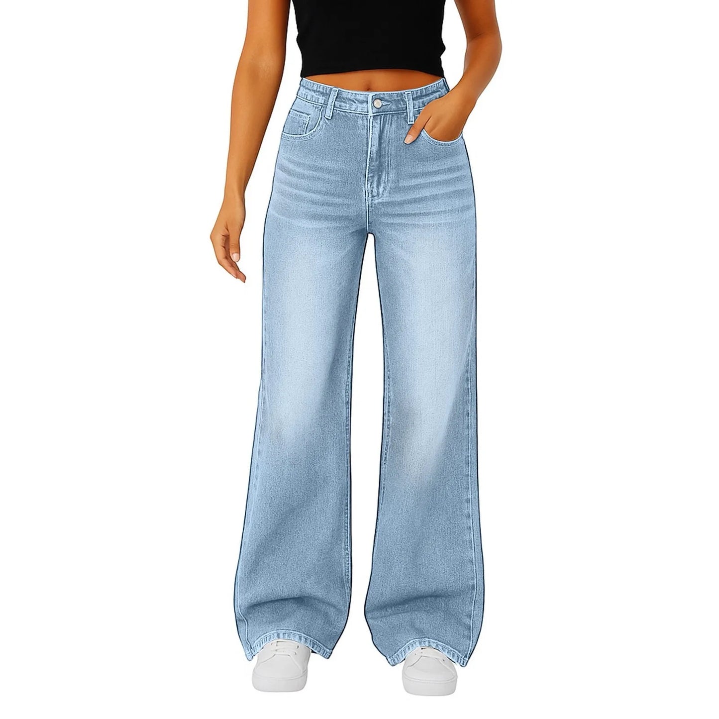 Wide-Leg Jeans Women Light Blue High-Waisted Simple Design Fashionable Trousers Loose-Fitting High-Height Pants Suitable Daily