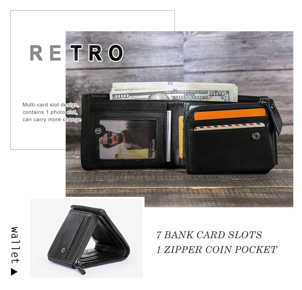 CONTACT'S Genuine Leather Men Wallet Vintage Trifold Hasp Wallet Zipper Coin Purse Card Holder Money Clip Men's Wallets