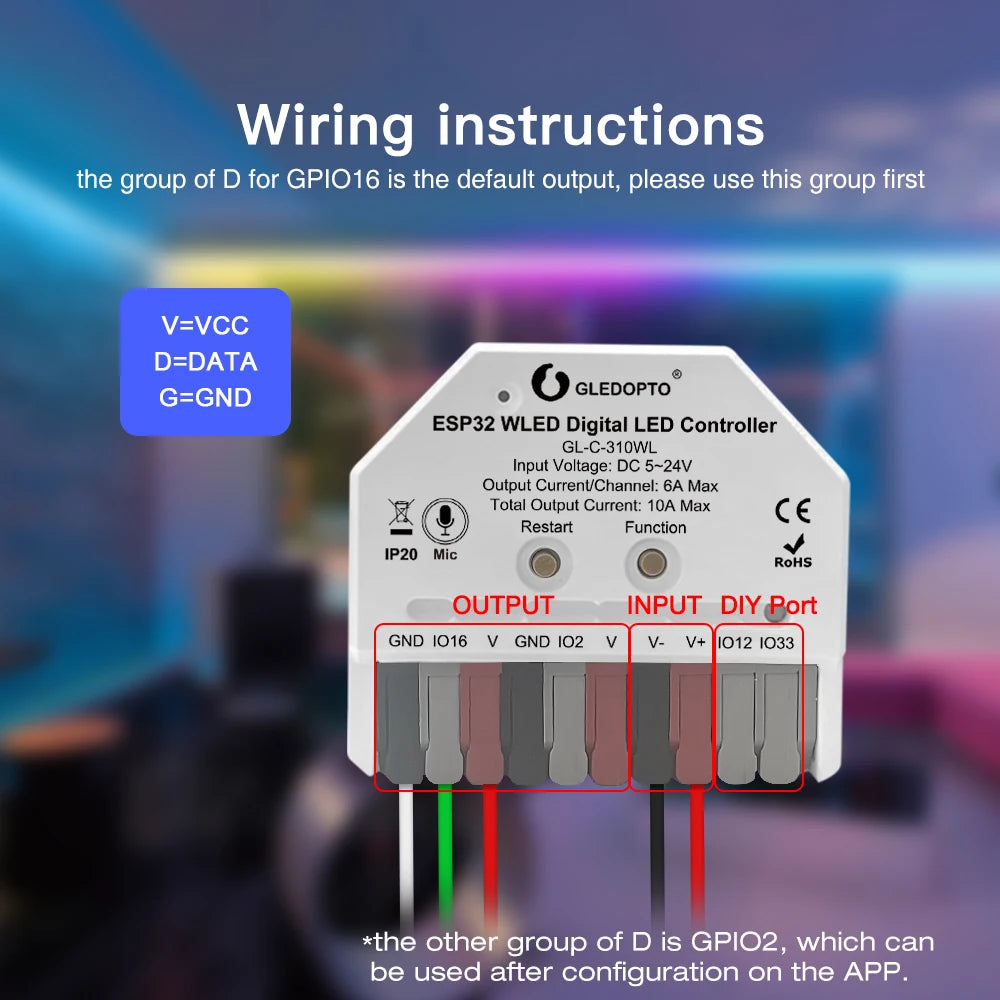 GLEDOPTO ESP32 Mini WLED LED Controller With Mic DIY Music Dynamic Modes Digital WS2811 WS2812 SK6812 TM1814 WS2813 WS2815 Strip