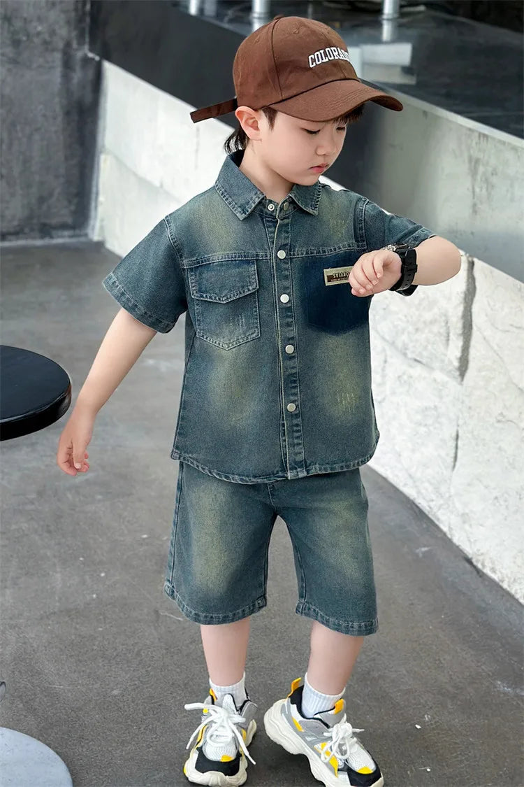 2025 Trendy Boys' Denim Set Vintage Wash Short Sleeve Shirt & Shorts 2-Piece Summer Outfit