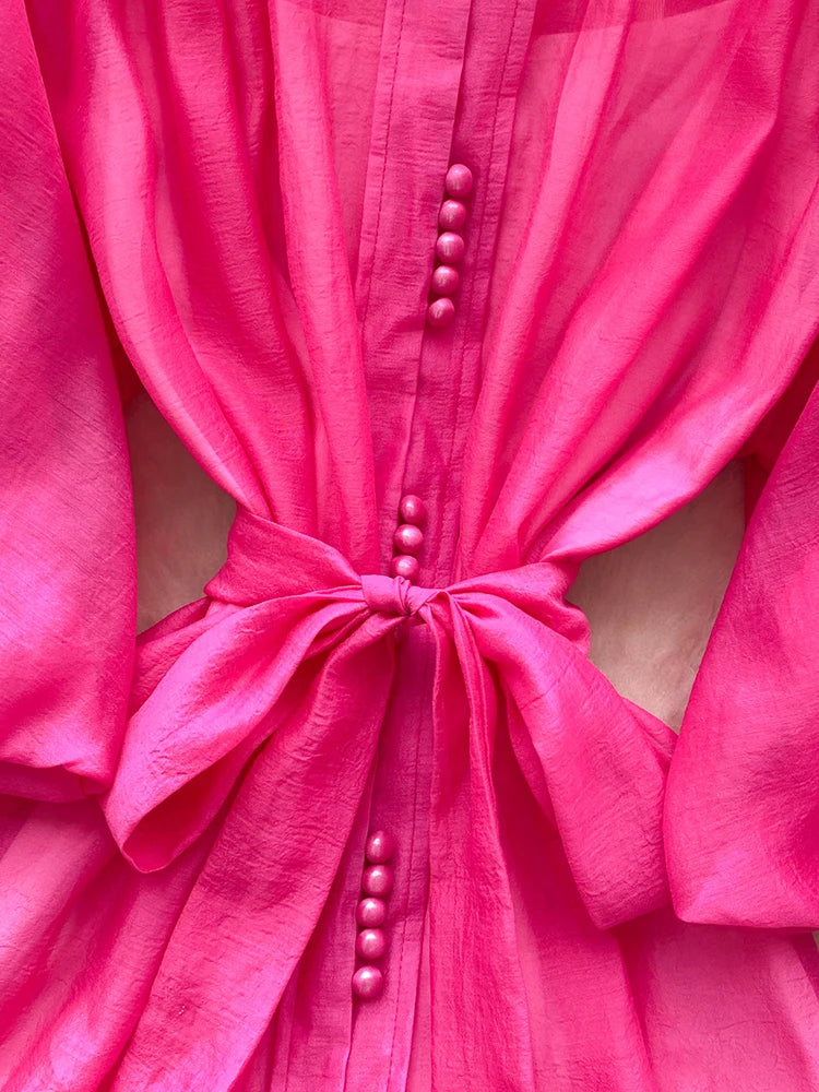 Summer Women's Puff Sleeve Shirt Dress Fashion Beach Vacation Party Birthday Blue White Exquisite Chiffon Mid Length Dress B06