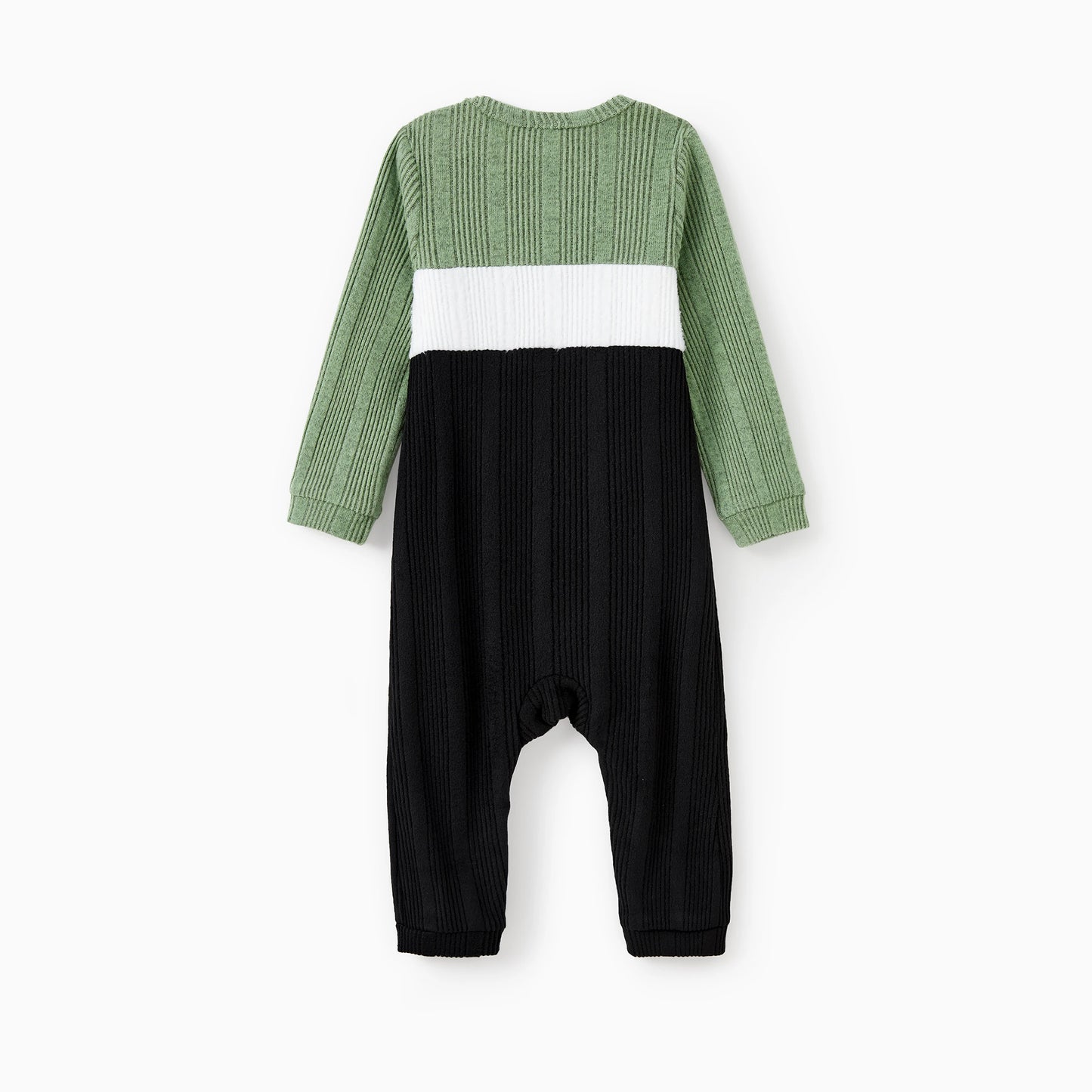 PatPat Family Matching Sets Green Color Block Long Sleeves Ribbed Tops/Dress/Romper