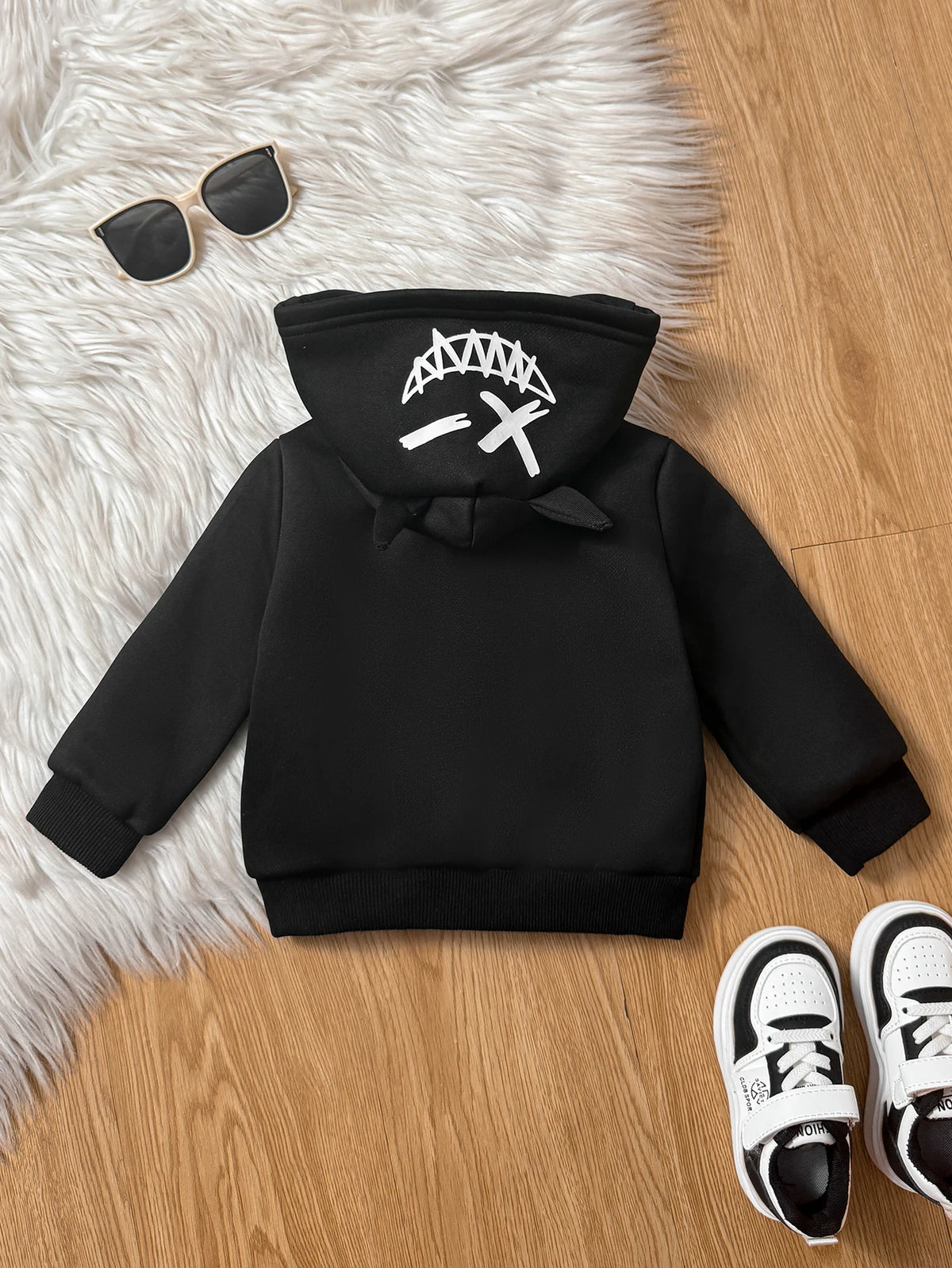 Baby Boy Autumn Winter Black Devil Horn Fleece Lined Hooded Zipper Jacket for Infants