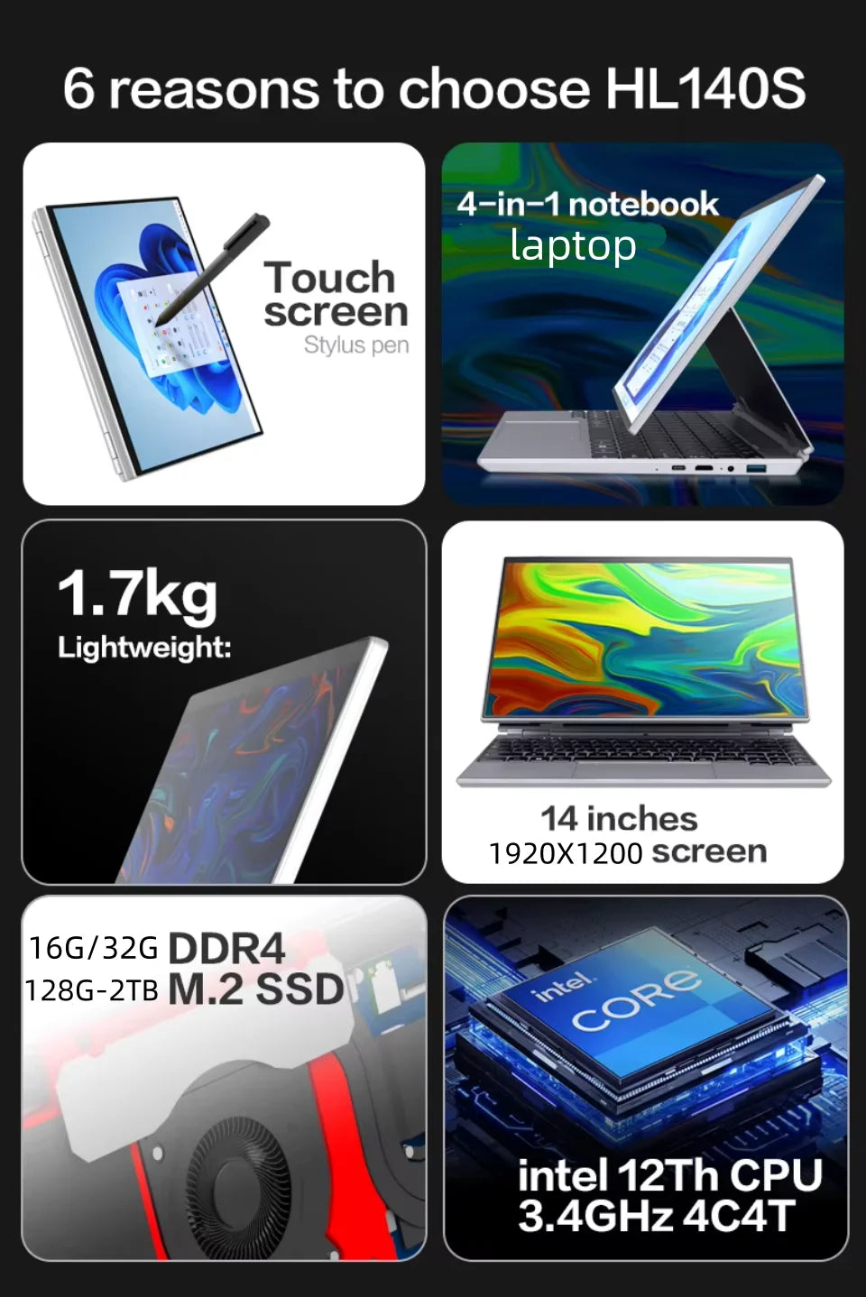 360° Rotating 14.0'' IPS Touch Screen 32G 128G-1T N95 Windows 11 Notebook 4 In 1 Business Office Slim LAPTOP facial recognition