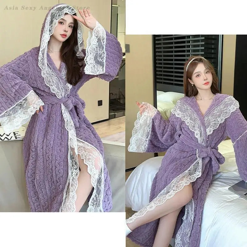 Sexy Patchwork Lace Nightgown Autumn Winter Flannel Nightdress Fashion Hooded Long Robe Female Bathrobe Kimono Gown Home Dress