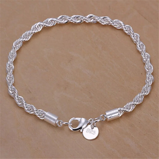 New High quality 925 Sterling Silver 4MM Women Men chain Male Twisted Rope Bracelets Fashion Silver Jewelry