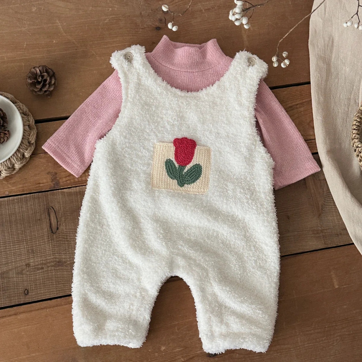 2Pcs Winter Autumn Toddler Baby Girls Clothes Flower Embroidered Plush Rompers+Pink Bottom Shirt Set Infant Warm Clothing Suits
