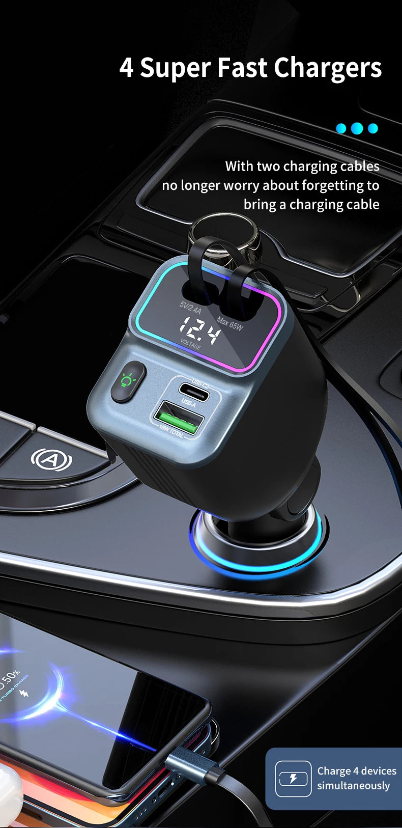 Scalable Car Charger 4in1 Fast Charging Car Charger with 72W Retractable Cable and PD65W USB Port Compatible with Type-C Adapter