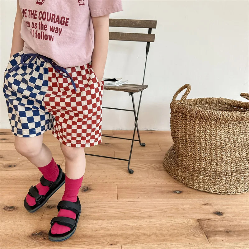 deer jonmi 2023 Summer Korean Style Children Plaid Patchwork Shorts Baby Boys Casual Chic Loose Shorts Kids Clothes