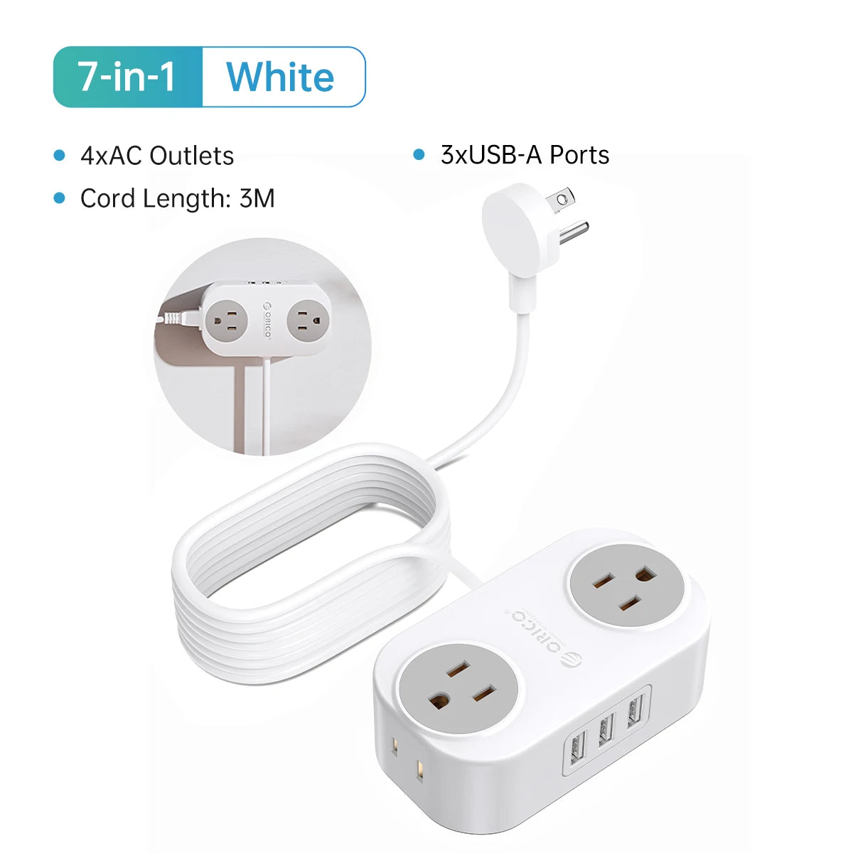 ORICO Travel Power Strip with USB C AC Outlets 3 USB Ports Wrapped Flat Plug Extension Cord with Multiple Outlets for Travel