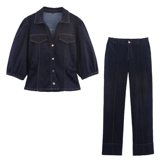 DiYiG  Women 2025 Autumn New Fashion Slim Fit Denim Bubble Sleeve Buckle Shirt Zipper Wide Leg Pants Blouses Mujer