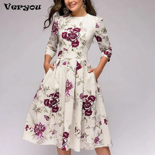2023 Spring AutumnOffice Lady Knee Length Elegant Vintage Long Sleeve Party Dresses Women Floral Printed Dress New