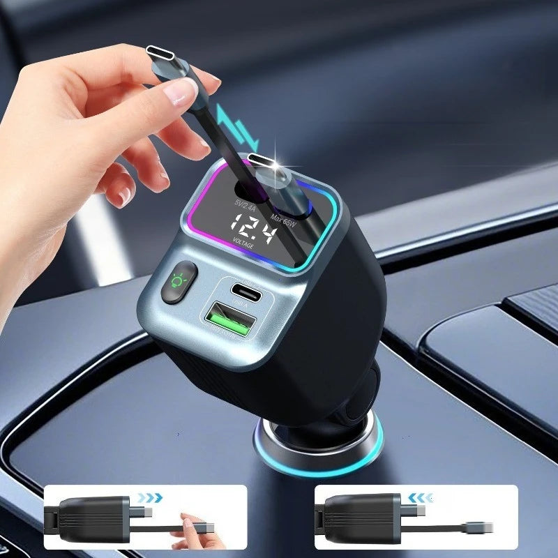 Scalable Car Charger 4in1 Fast Charging Car Charger with 72W Retractable Cable and PD65W USB Port Compatible with Type-C Adapter