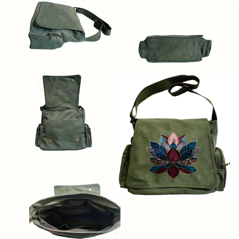 Vintage Women's Shoulder Bag Canvas Lotus Print Large Capacity Crossbody Bag for Travel Messenger Bag