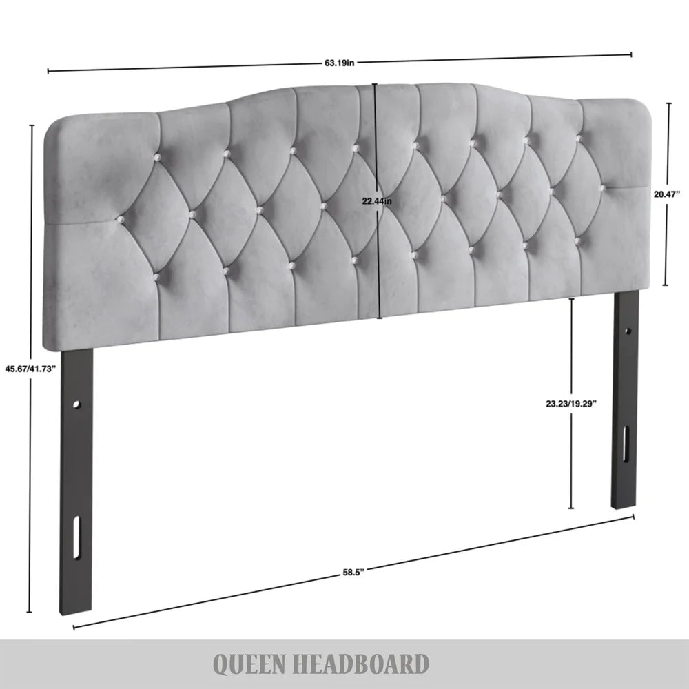Upholstered Tufted Headboard Adjustable Height Silver Grey Velvet Queen Size Luxurious Comfortable Bedroom Focal Point Modern