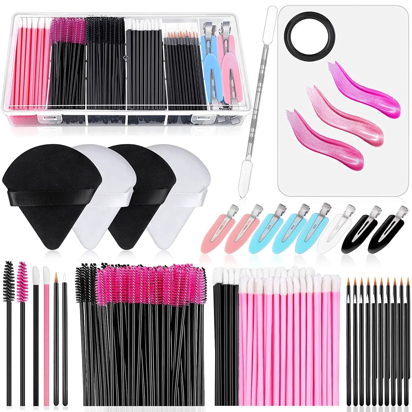 Makeup Applicators Kit Triangle Makeup Puff Mixing Palette Eyeline Mascara Wands Lip Brushes Hair Clips Powder Puffs for Face